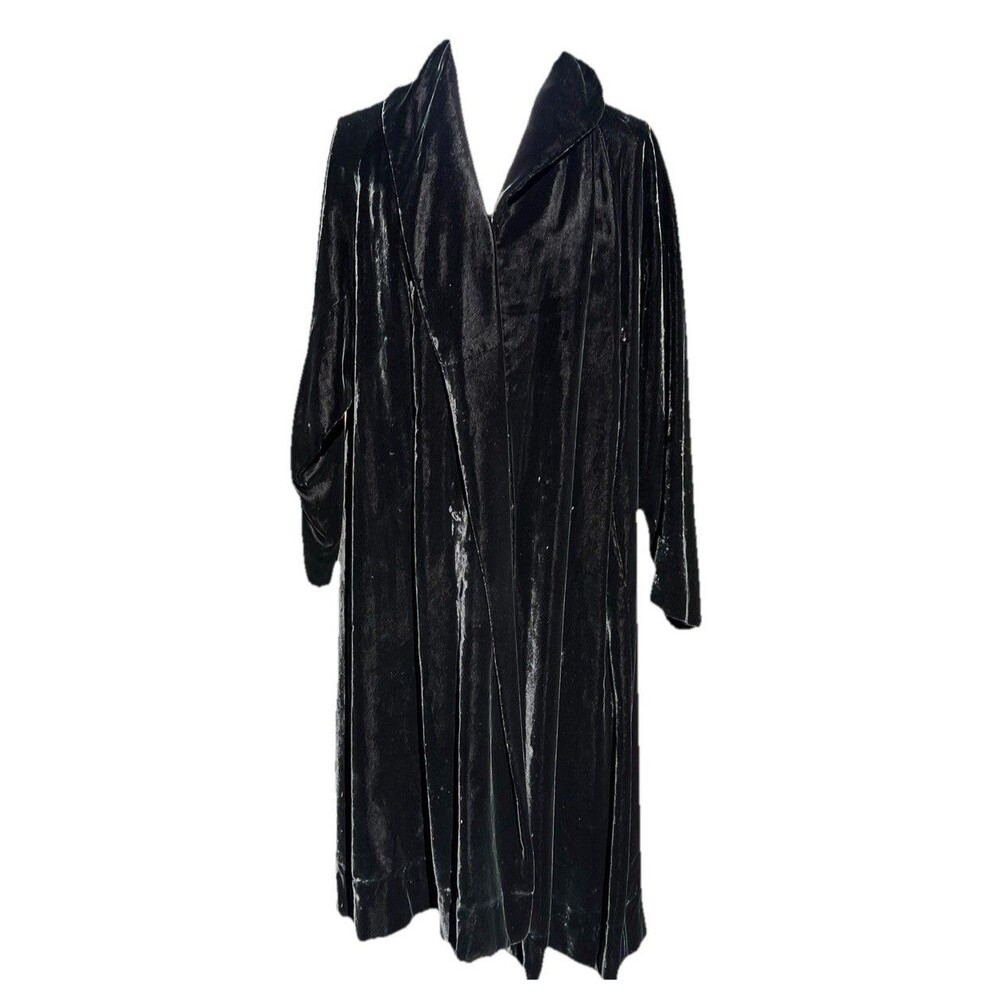 Vintage Black Velvet Opera Coat Evening Jacket Duster Long Swing Shawl Collar Lg